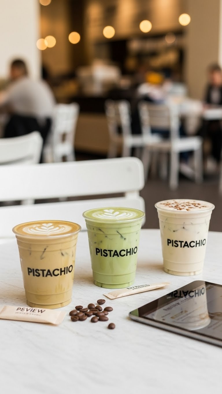 Side-by-side comparison of three pistachio coffee cups showing different shades and textures in cafe setting