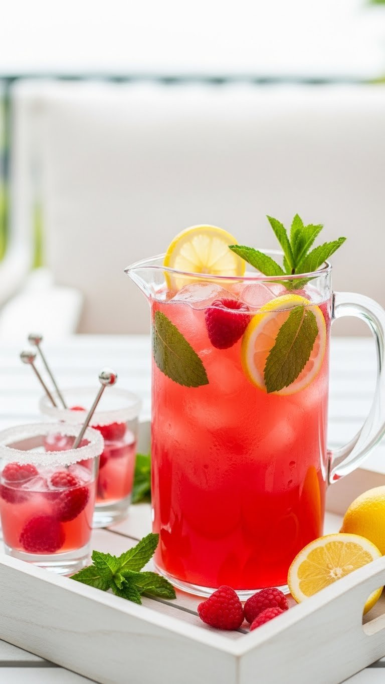 Signature spiked raspberry lemonade in sleek pitcher with fresh raspberries and lemon slices, showing frosty condensation