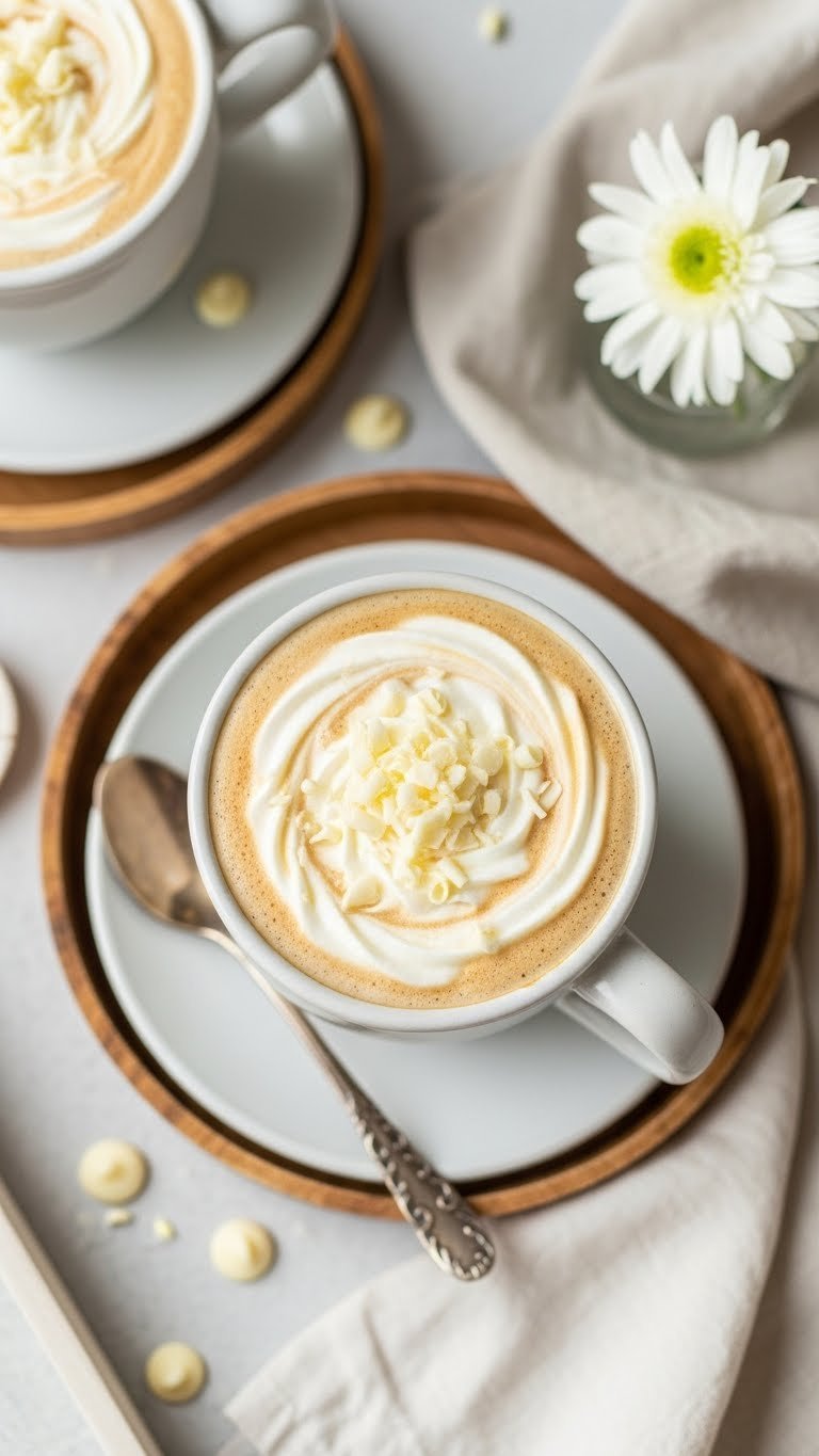 Silky white chocolate mocha in ceramic mug with whipped cream and chocolate shavings on light wooden tray