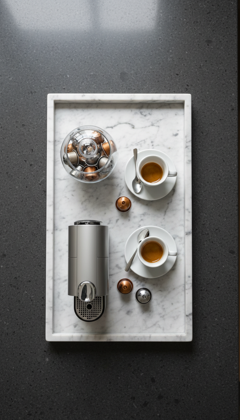 Simple countertop coffee tray with Nespresso machine and glass pod canister on marble tray