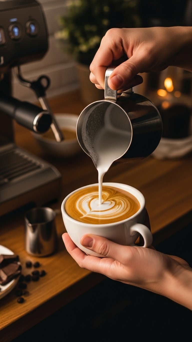 Skilled hand pouring heart-shaped latte art into ceramic coffee cup from stainless steel milk pitcher