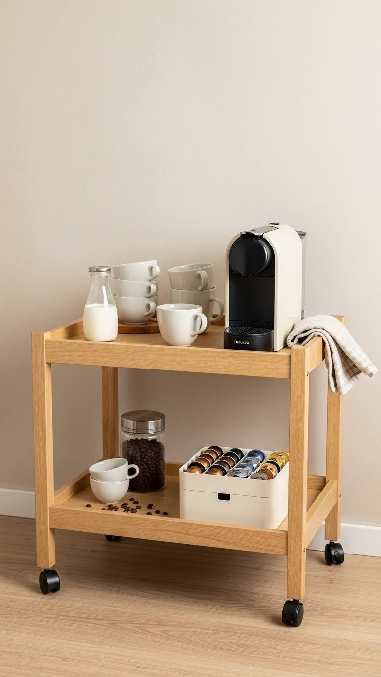 Sleek Japandi rolling coffee cart with modern coffee maker, porcelain cups, and light wood design in bright corner setting