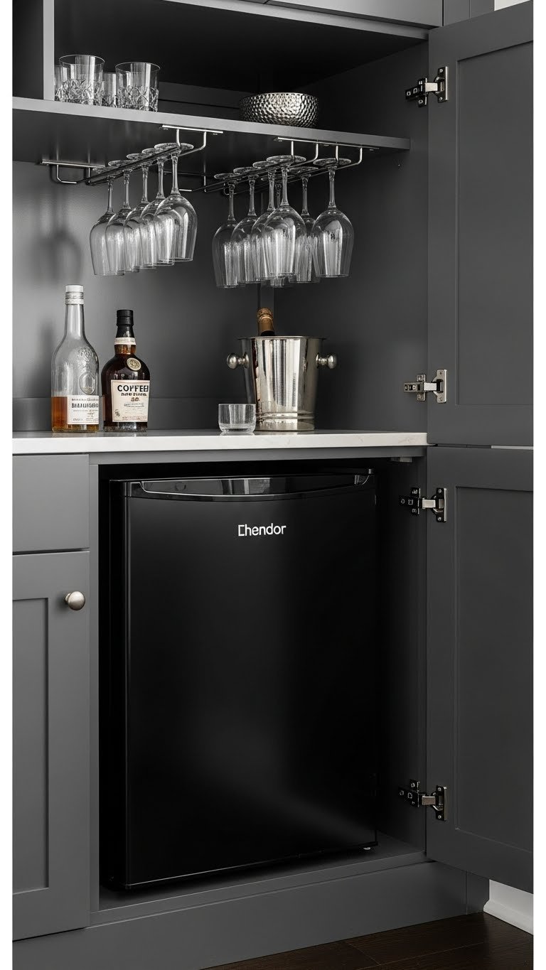 Sleek black mini-fridge integrated into entertainment center coffee bar with hanging wine glasses and coffee liqueur bottle