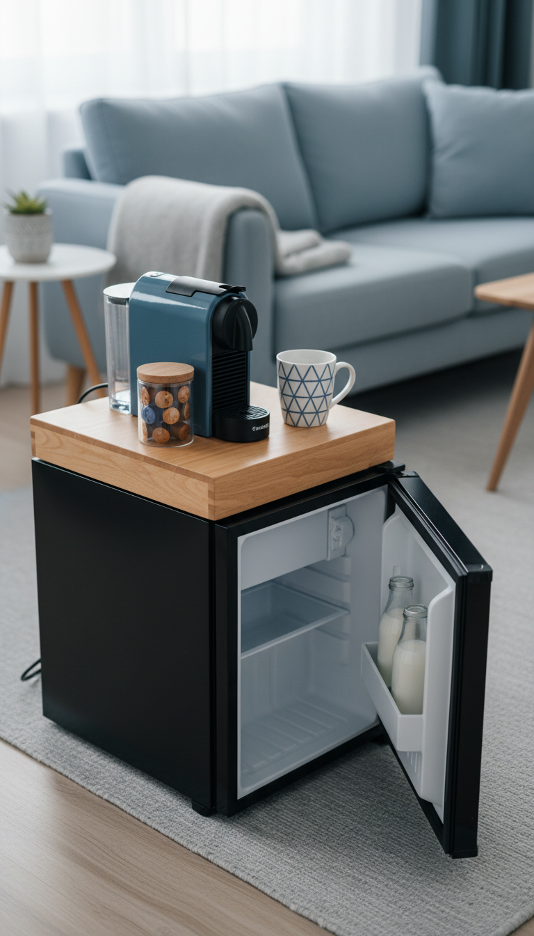 Sleek black mini-fridge topped with wooden tray coffee station featuring single-serve coffee maker and mug