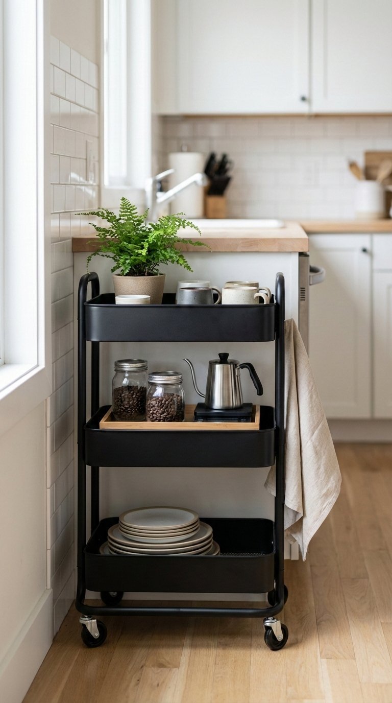 Sleek black rolling cart organized as coffee station with glass jars and green plant in kitchen nook
