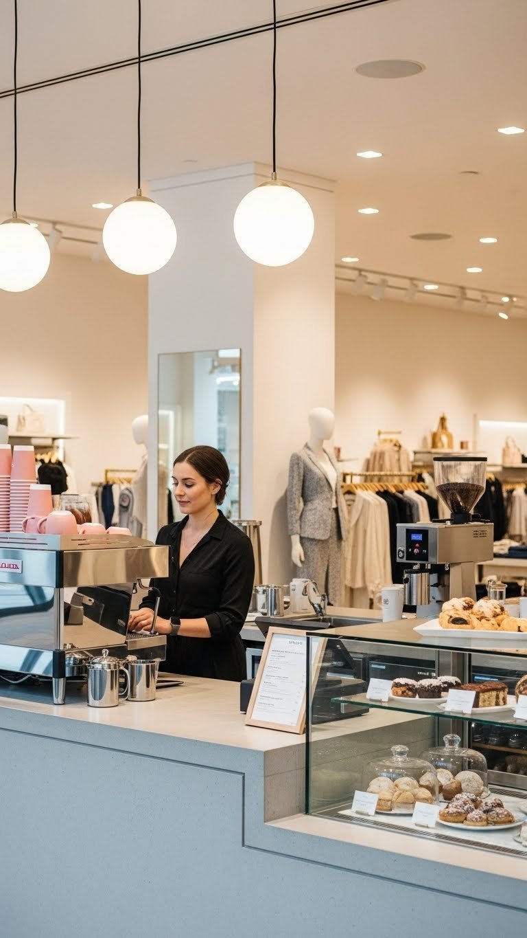 Sleek branded coffee kiosk with compact espresso machine integrated into high-end retail clothing store.