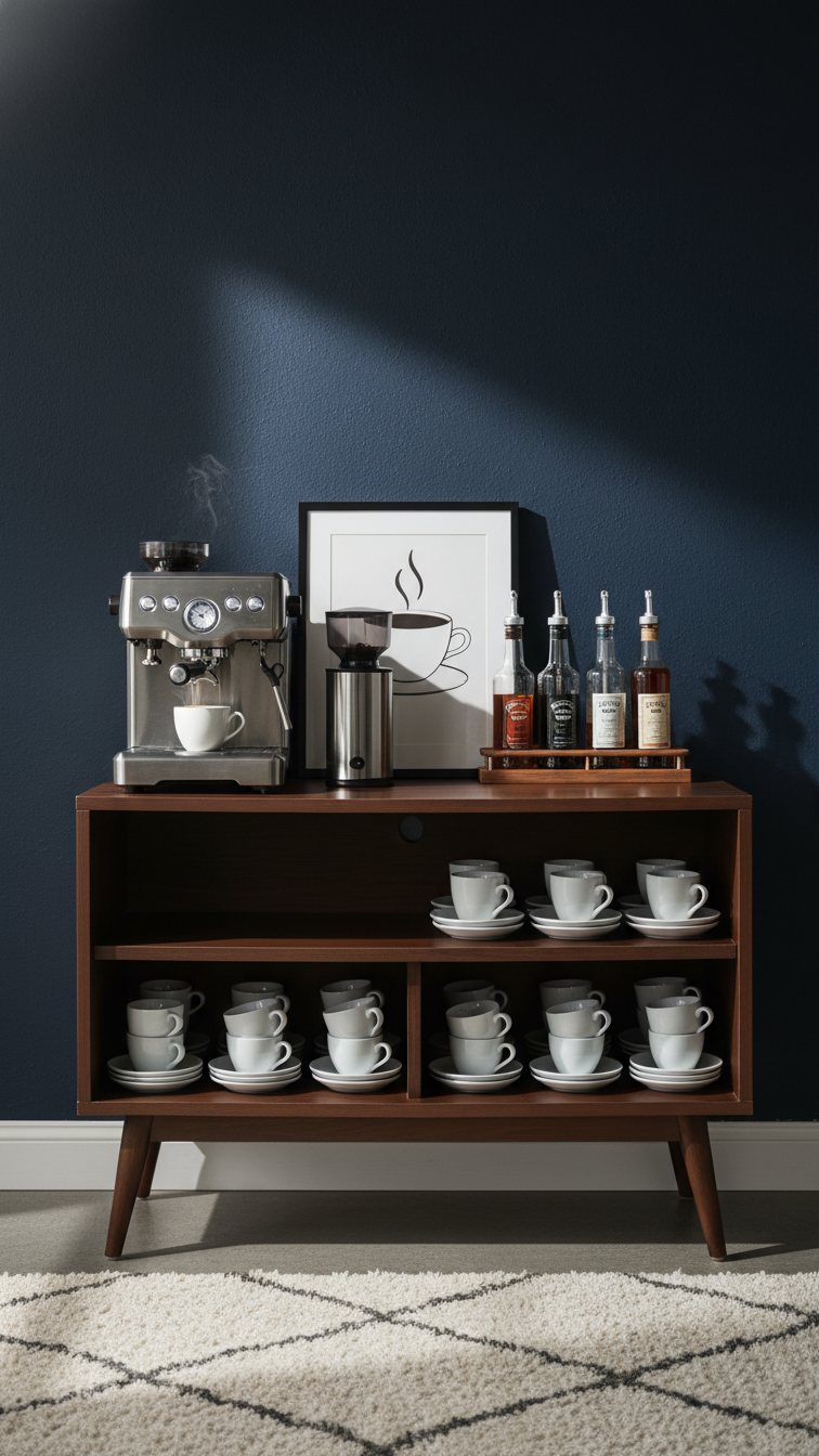 Sleek coffee bar using mid-century modern TV stand with silver espresso machine, syrup collection, and white cup stacks