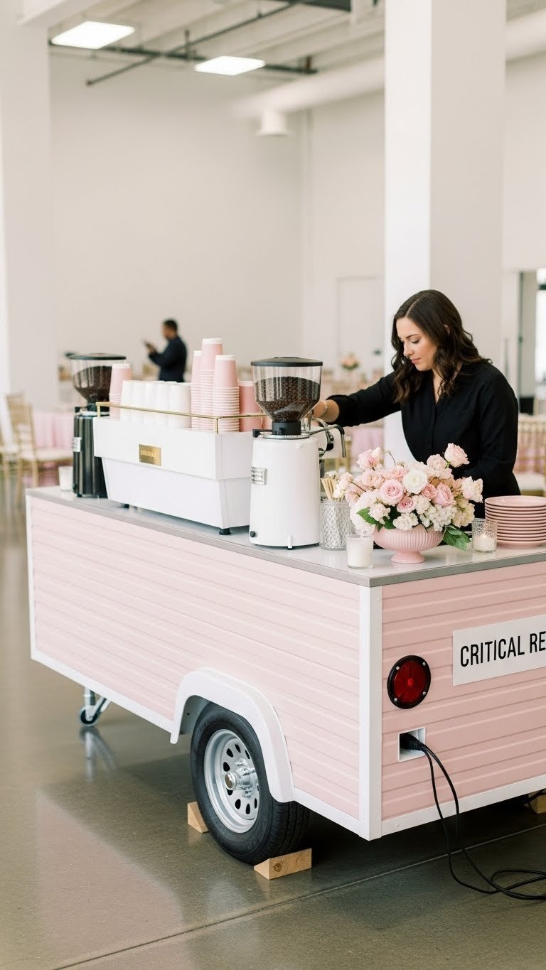Sleek compact mobile coffee bar seamlessly integrated into elegant event space with minimalist decor