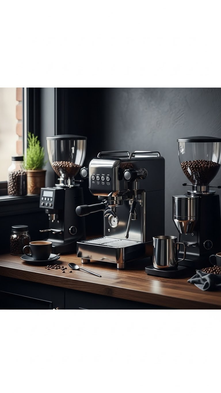 Sleek dark espresso machine with chrome accents on wood countertop surrounded by matching grinders and ceramic mug