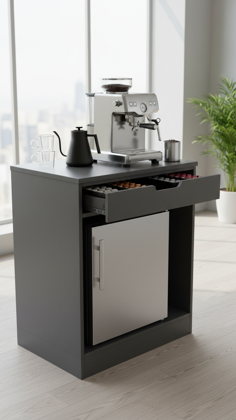 Sleek dark gray coffee bar cabinet with built-in espresso machine and mini-fridge in bright modern office breakroom setting