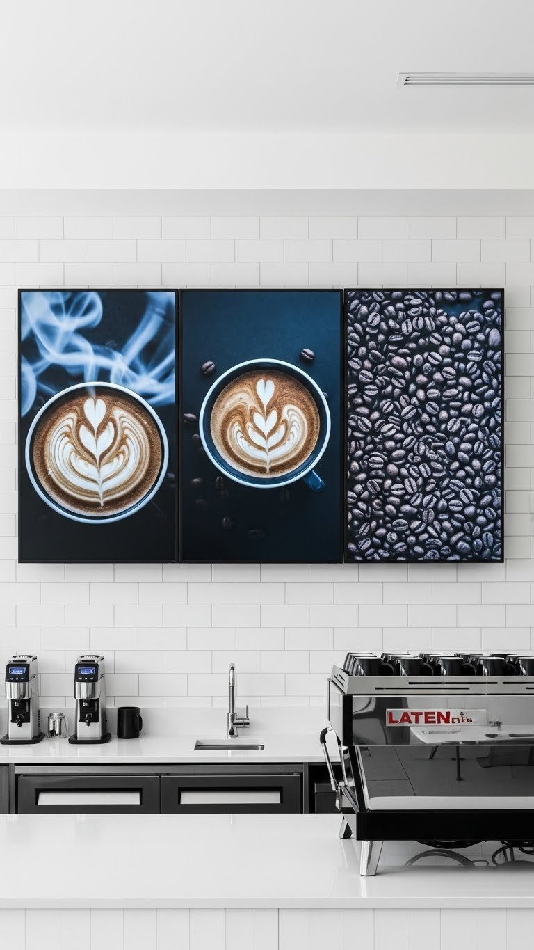 Sleek digital coffee menu board with three vertical HD screens displaying abstract latte art on minimalist white tiled wall