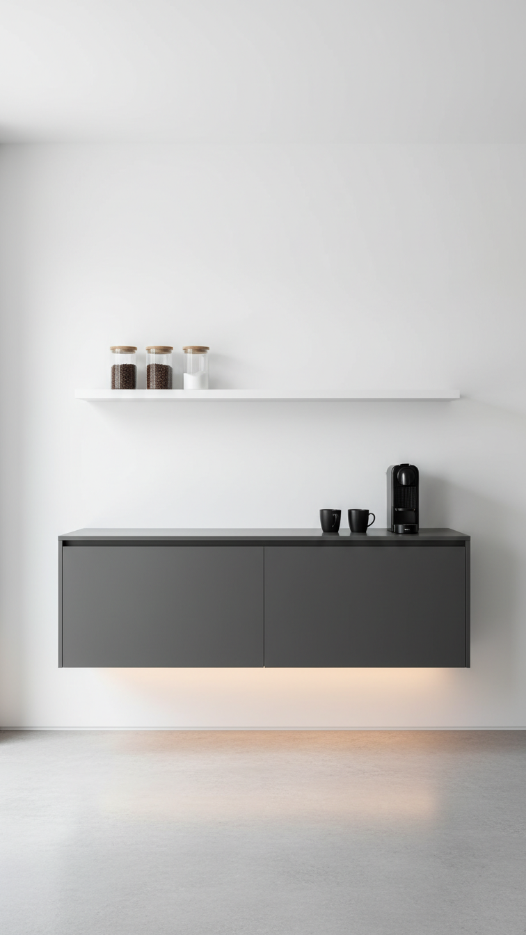 Sleek floating charcoal gray cabinet coffee bar with minimalist black coffee machine on clean white wall