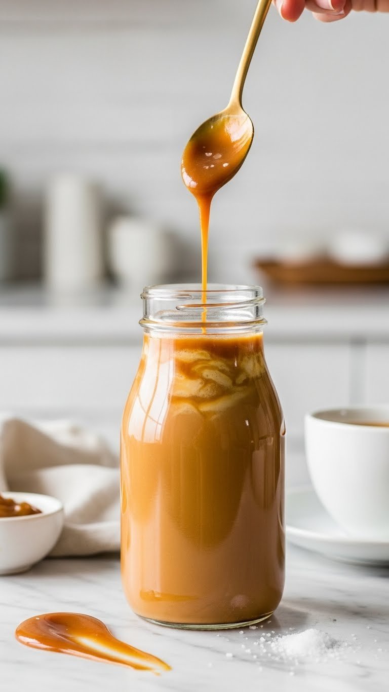 Sleek glass bottle of homemade salted caramel coffee creamer with caramel swirls on marble countertop