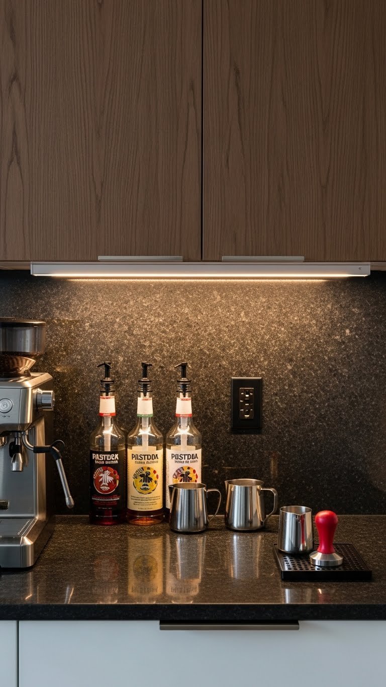 Sleek linear LED light bar under cabinet casting warm light across dark granite coffee bar countertop