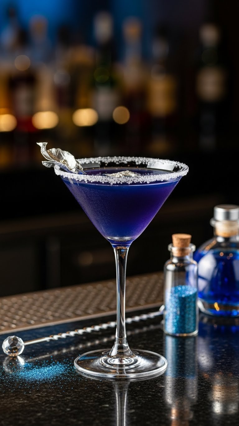 Sleek martini glass filled with deep blue Midnight Kiss Martini with silver leaf garnish on dark polished granite countertop.