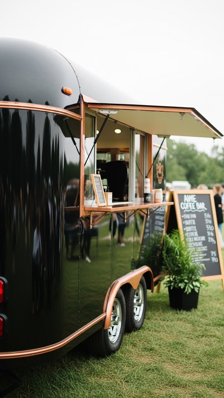 Sleek matte black coffee bar trailer with copper accents parked at outdoor event with open service window