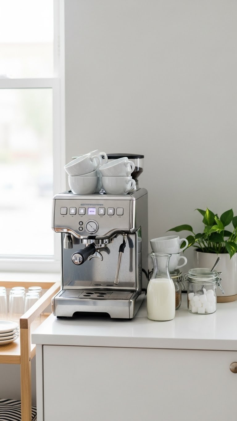 Sleek minimalist self-serve espresso machine on white countertop at contemporary wedding