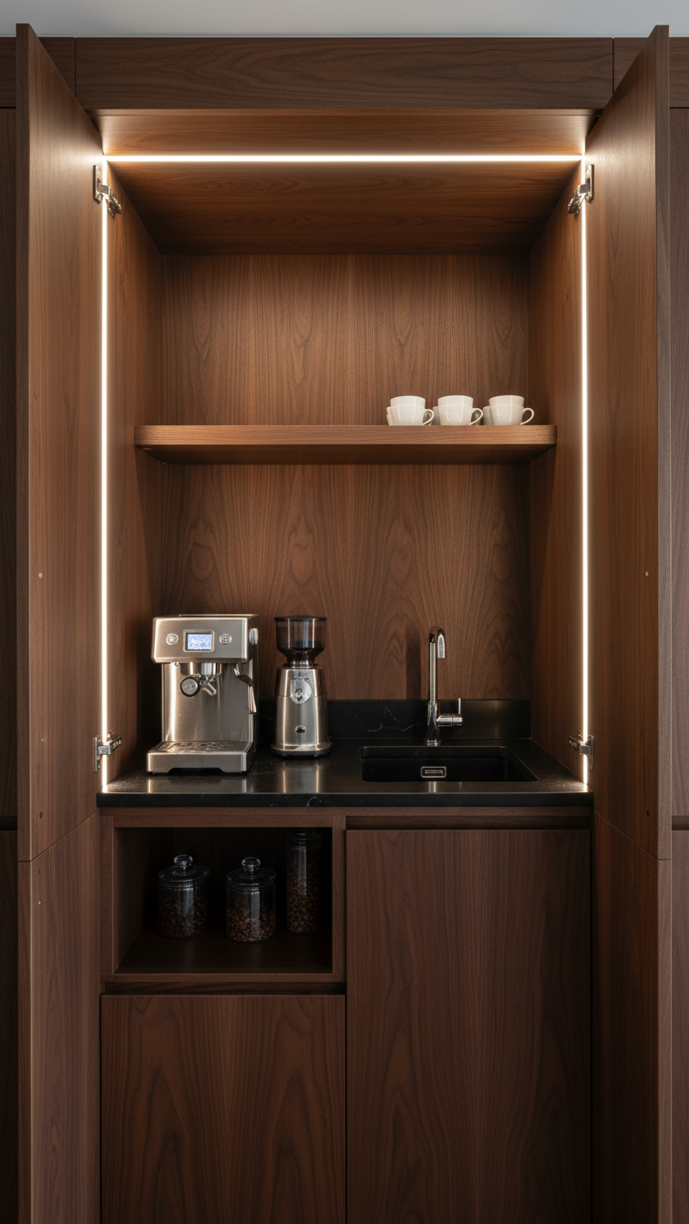 Sleek modern hidden coffee bar with black composite sink and chrome faucet in dark walnut built-in cabinet system