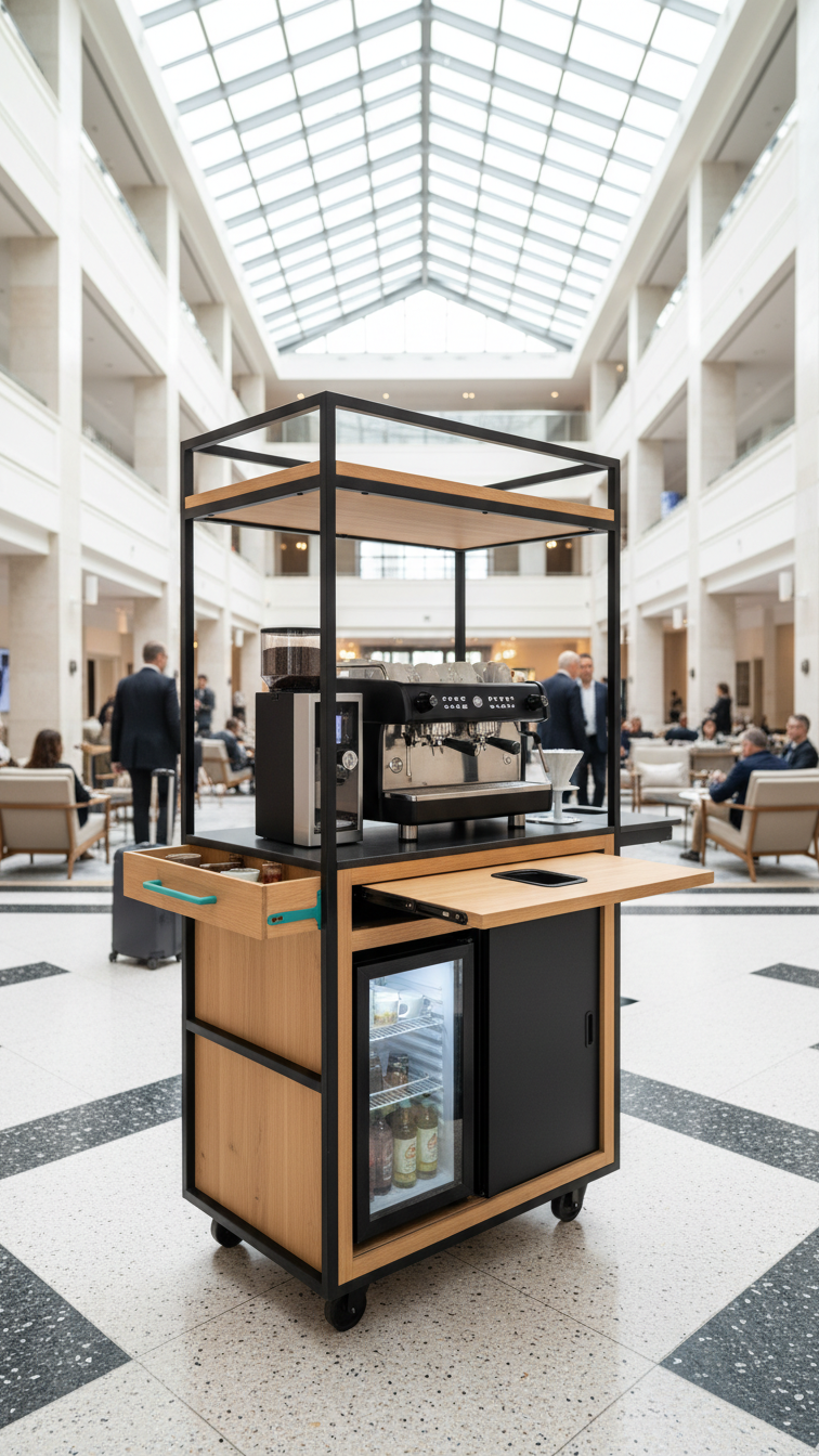 Sleek modular coffee kiosk on wheels with integrated equipment and smart storage solutions in hotel lobby