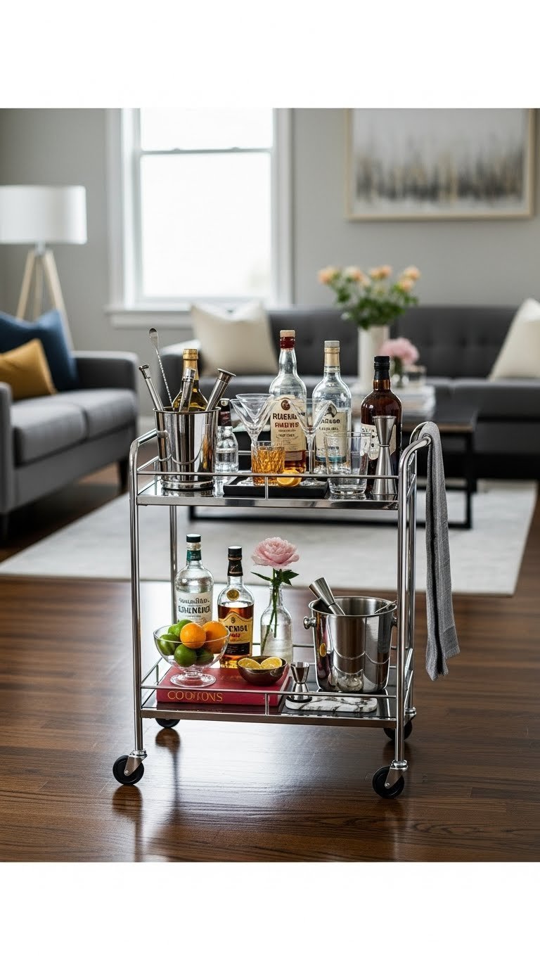 Sleek portable bar cart with liquor bottles, mixing tools, and elegant glassware in modern living room