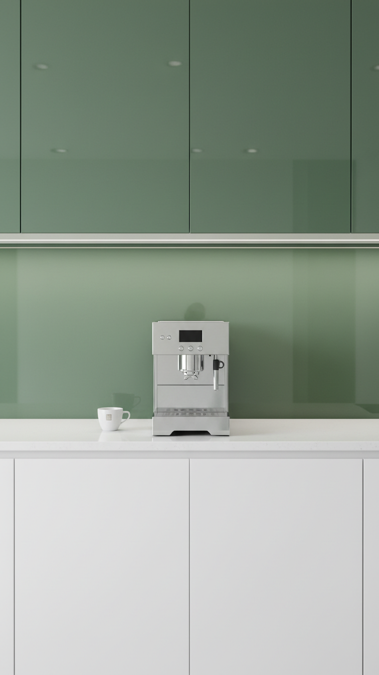 Sleek sage green back-painted glass backsplash with seamless glossy finish in minimalist coffee station