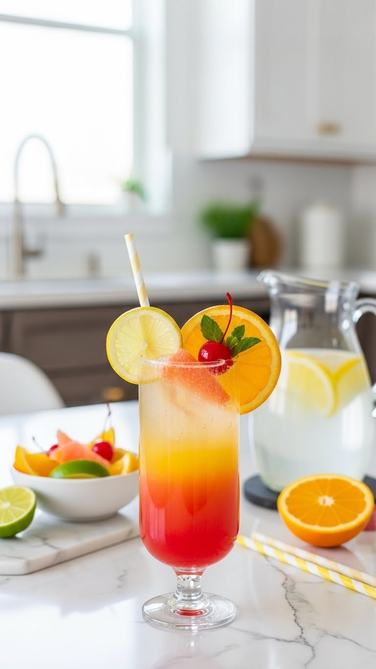 Slender glass with vibrant layered citrus splash sparkler featuring lemon, orange, and pink juices with citrus garnish