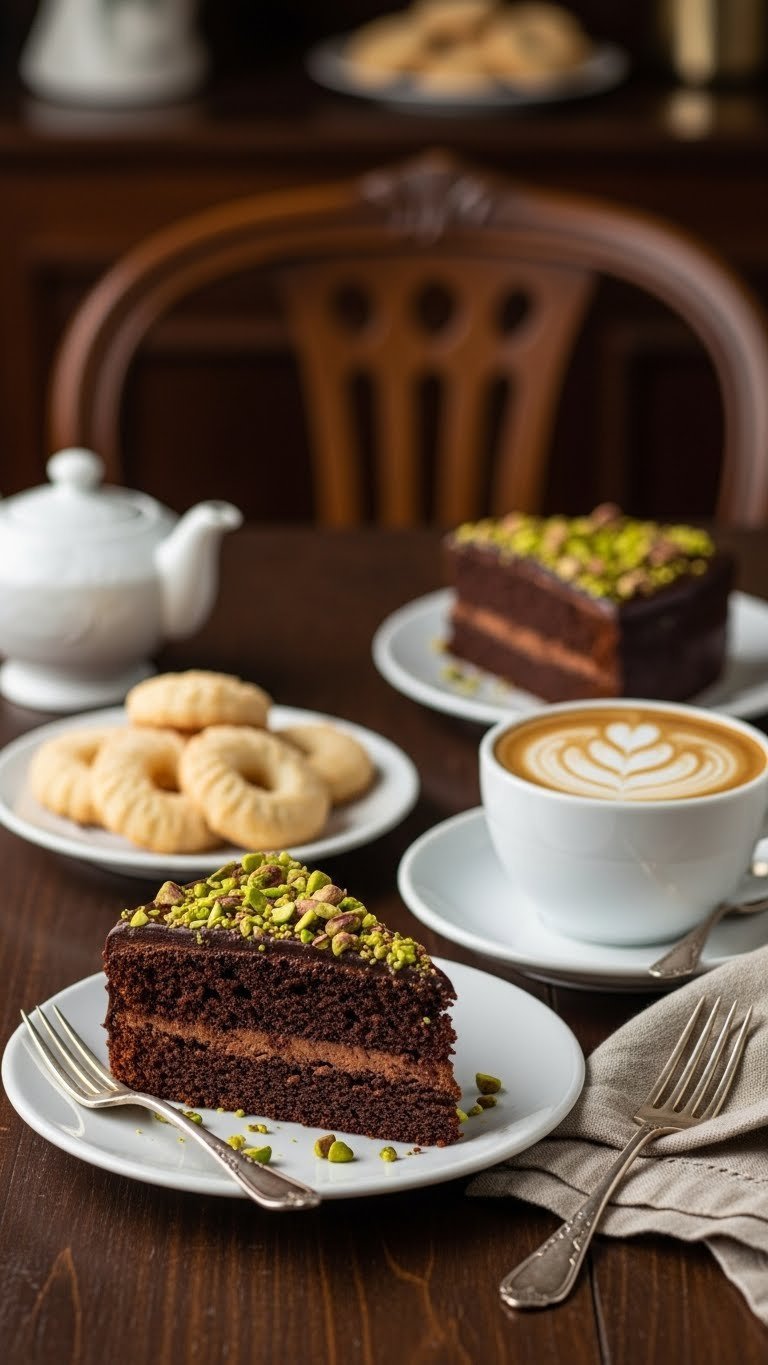 Slice of chocolate cake with pistachios next to steaming pistachio coffee cup on dark wooden dining table