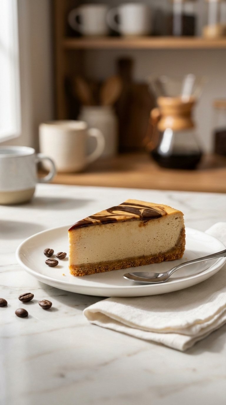 Slice of coffee cheesecake with golden-brown crust and glossy coffee glaze on white ceramic plate with scattered coffee beans on marble surface.