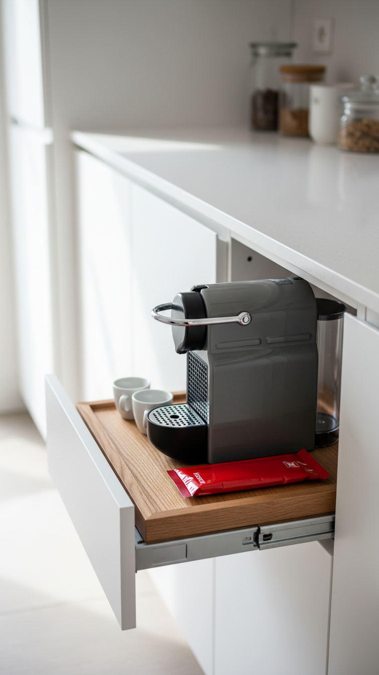 Slide-out kitchen drawer coffee station with compact Nespresso machine and coffee pods