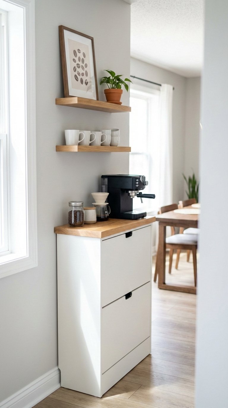 Slim DIY coffee bar made from IKEA shoe cabinet hack with modern coffee maker and floating shelves in Scandinavian light wood tones.
