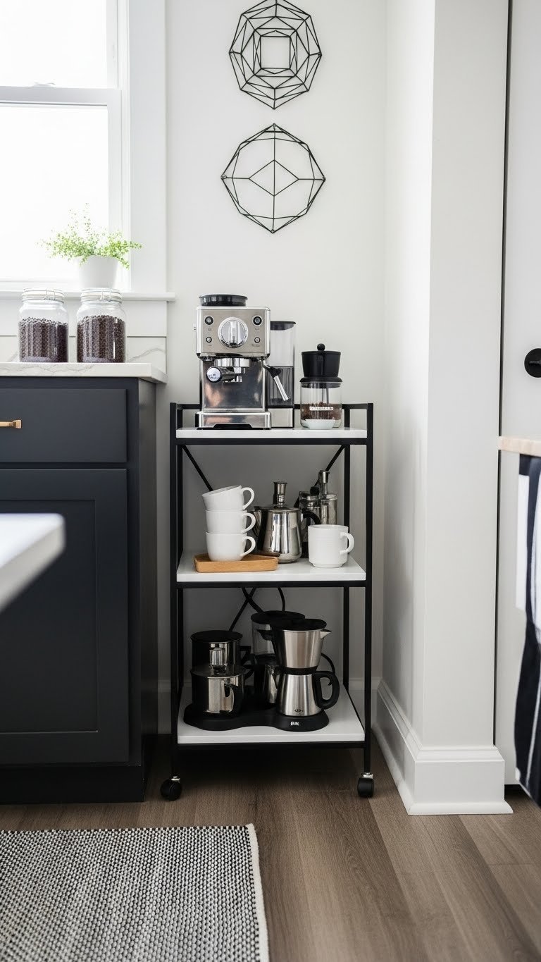 Slim black and white bar cart coffee bar with espresso machine in narrow galley kitchen space