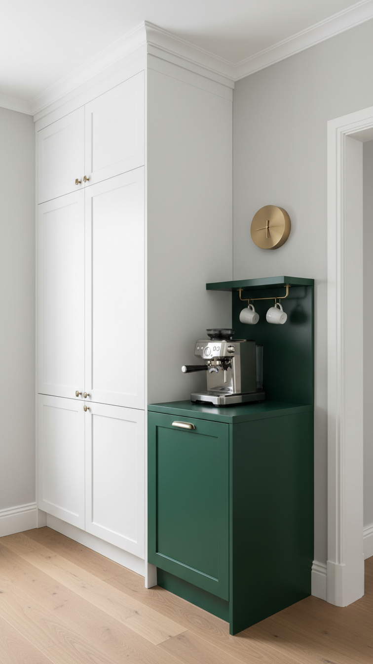 Slim-profile coffee station on side of white kitchen cabinet with dark green panel and single-serve coffee machine
