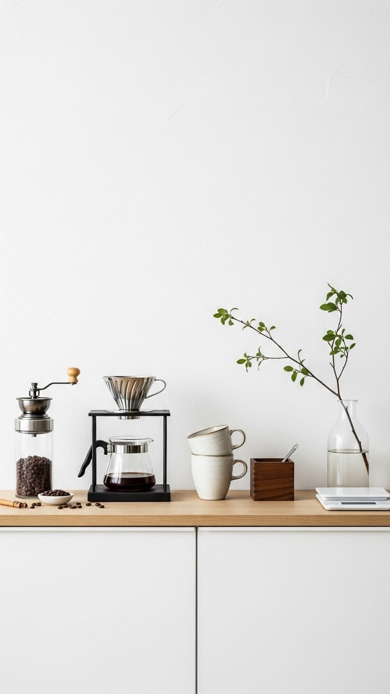 Small Japandi shelf coffee setup featuring pour-over stand, ceramic mugs, and open shelving against white textured wall