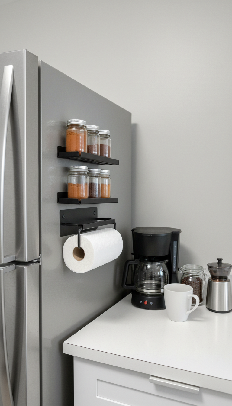 Small apartment kitchen coffee bar with magnetic spice rack on stainless steel refrigerator side
