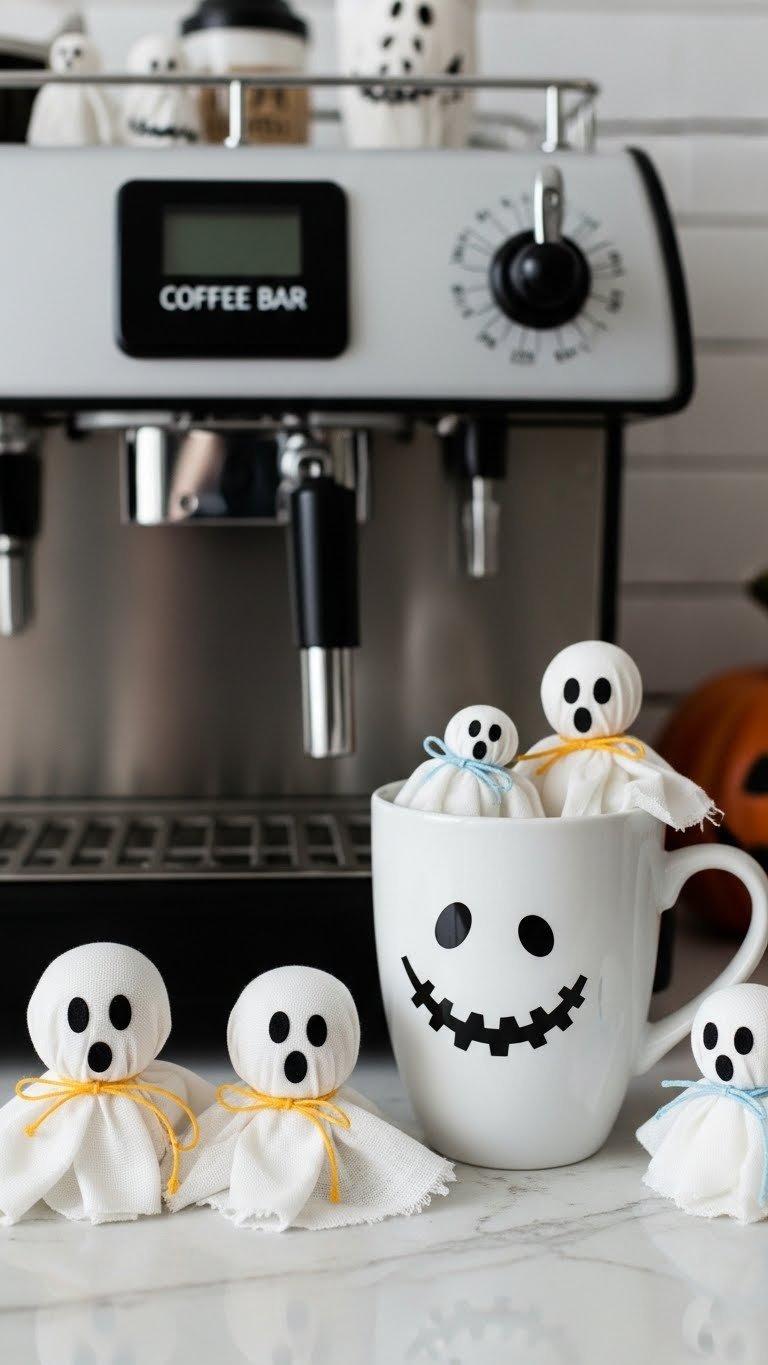 Small black cauldron-shaped drink dispenser labeled Witch's Brew on dark wooden countertop