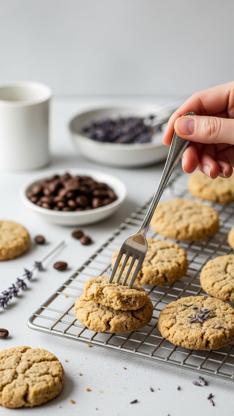 Small coffee flavored shortbread cookies with fork tines showing crumbly texture, arranged on a cooling rack with coffee beans.