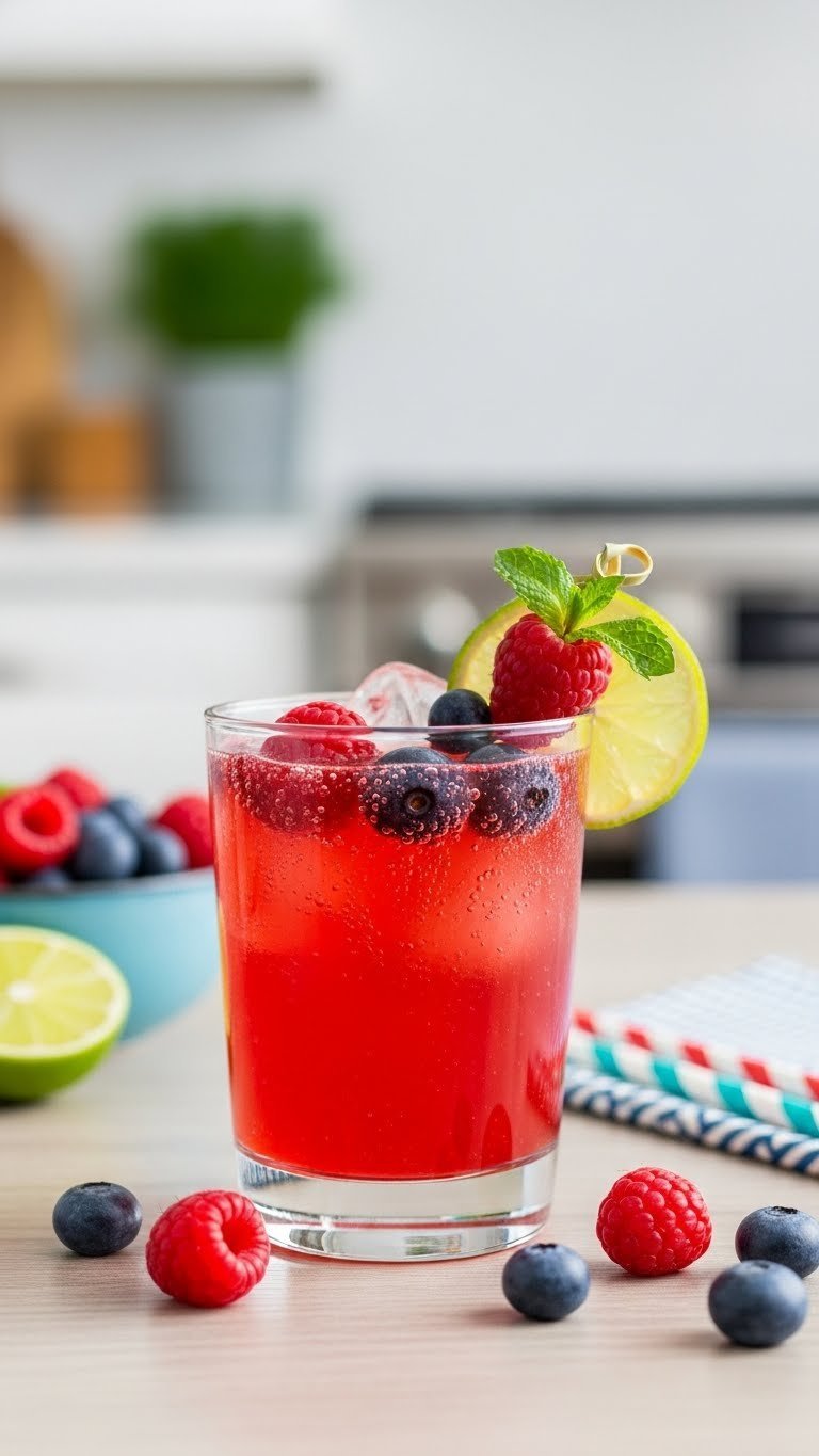 Small juice glass filled with bright red berry lime sparkler mocktail garnished with fresh berries