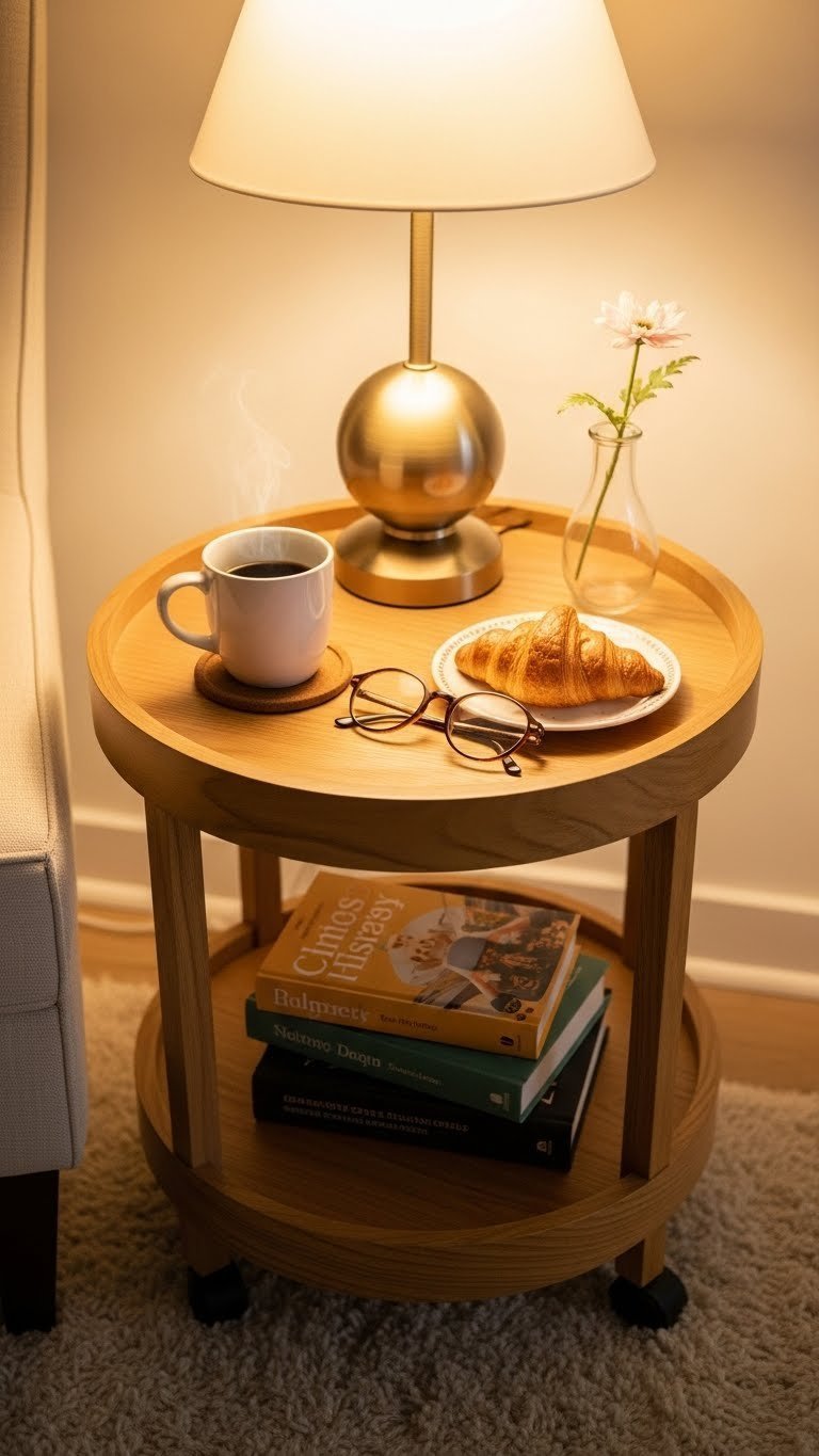 Small round wooden cart with books and steaming mug serving as cozy reading companion