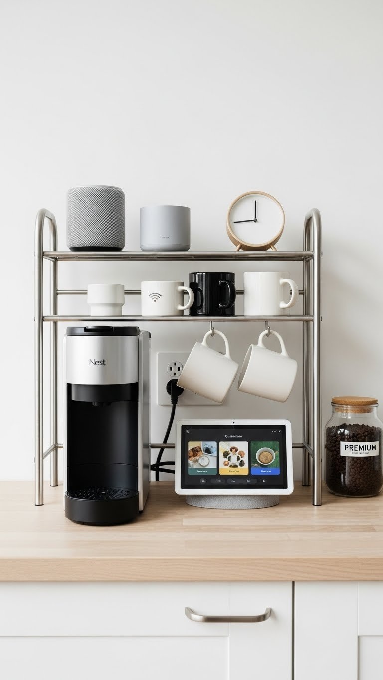 Smart home coffee bar with modern bakers rack featuring voice-activated coffee machine and wireless charging mugs