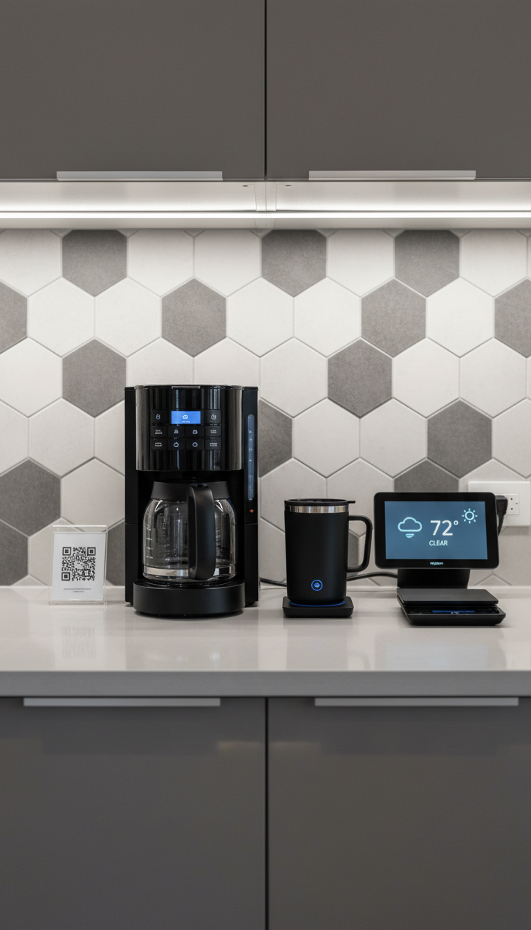 Smart tech-integrated coffee bar with WiFi-enabled coffee maker and digital smart display showing weather