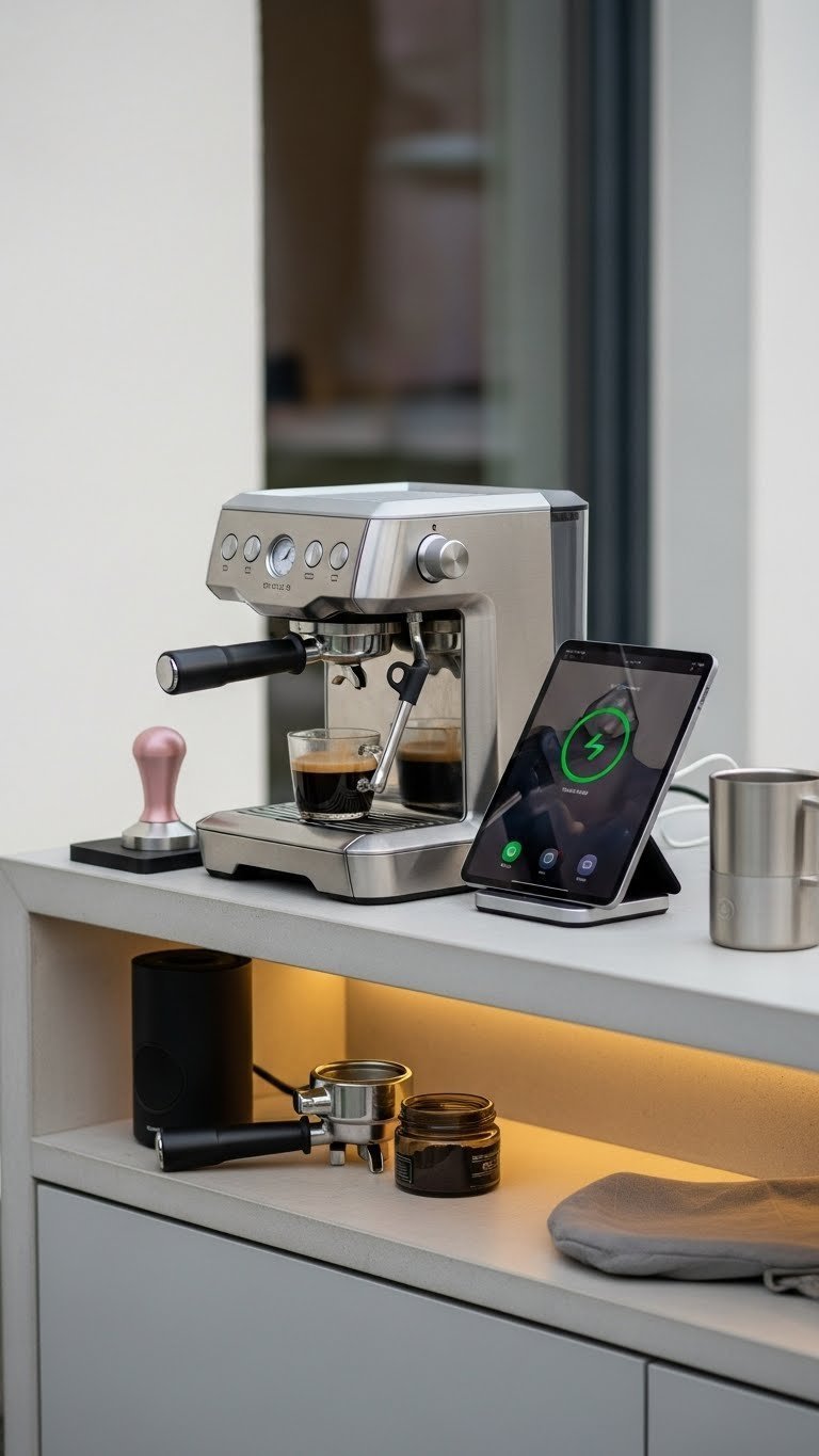 Smart tech-integrated coffee corner with espresso machine, tablet display, wireless charging, and LED lighting on modern counter