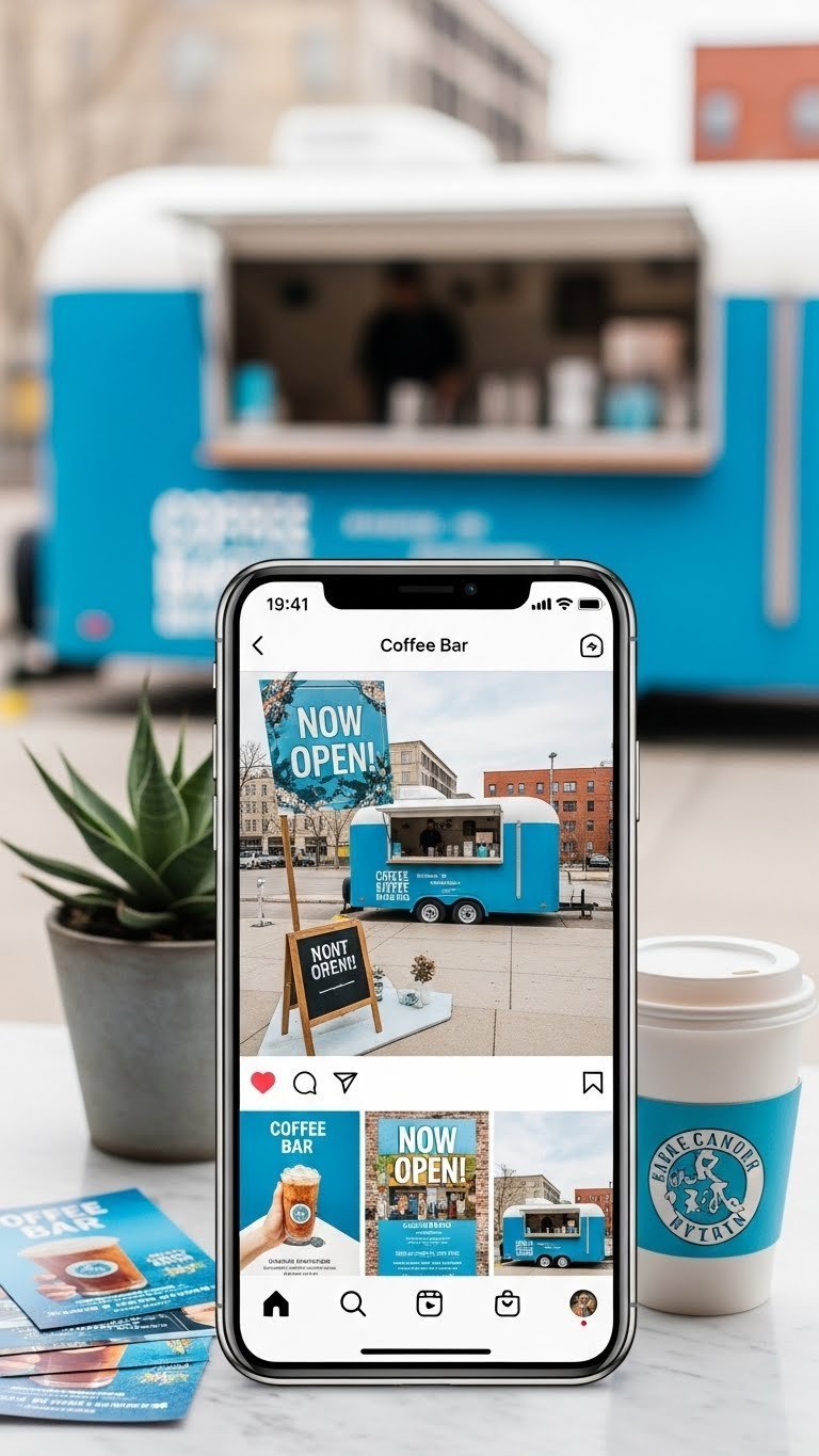 Smartphone displaying coffee bar trailer social media feed with event flyers blurred in background