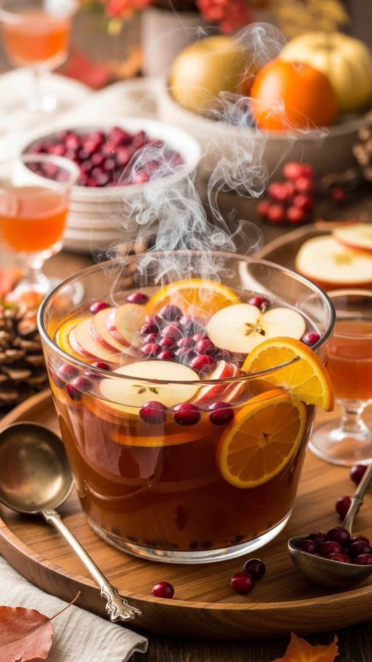 Smoky harvest apple cider punch in large glass bowl with sliced apples and cranberries
