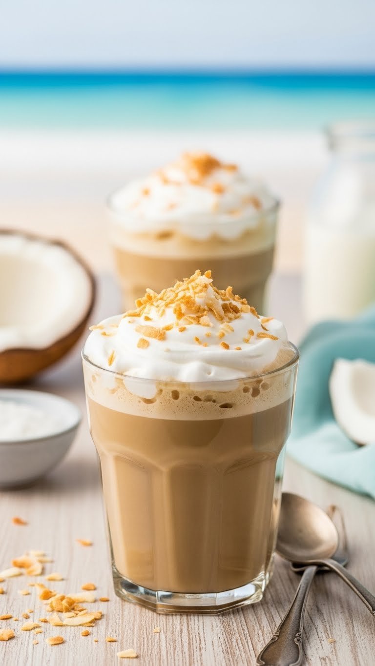 Smooth creamy coconut dream coffee with coconut whipped cream and toasted coconut flakes on light wood