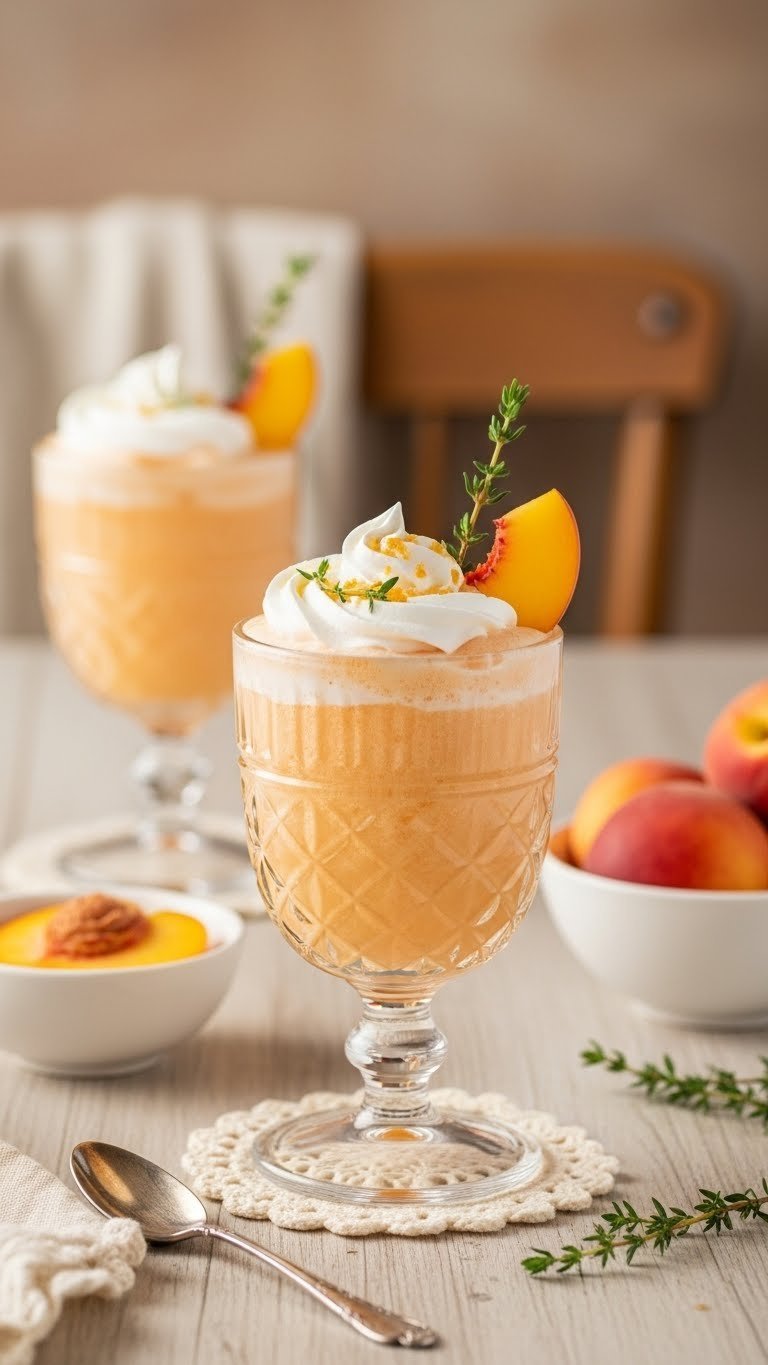 Smooth peachy keen Italian cream soda in vintage glass with whipped cream swirl, peach slice, and thyme sprig on light wooden table