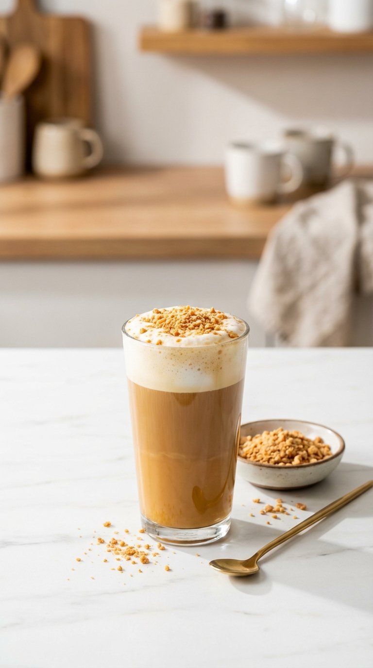 Smooth toffee nut coffee in tall glass with crushed toffee bits on sleek white countertop