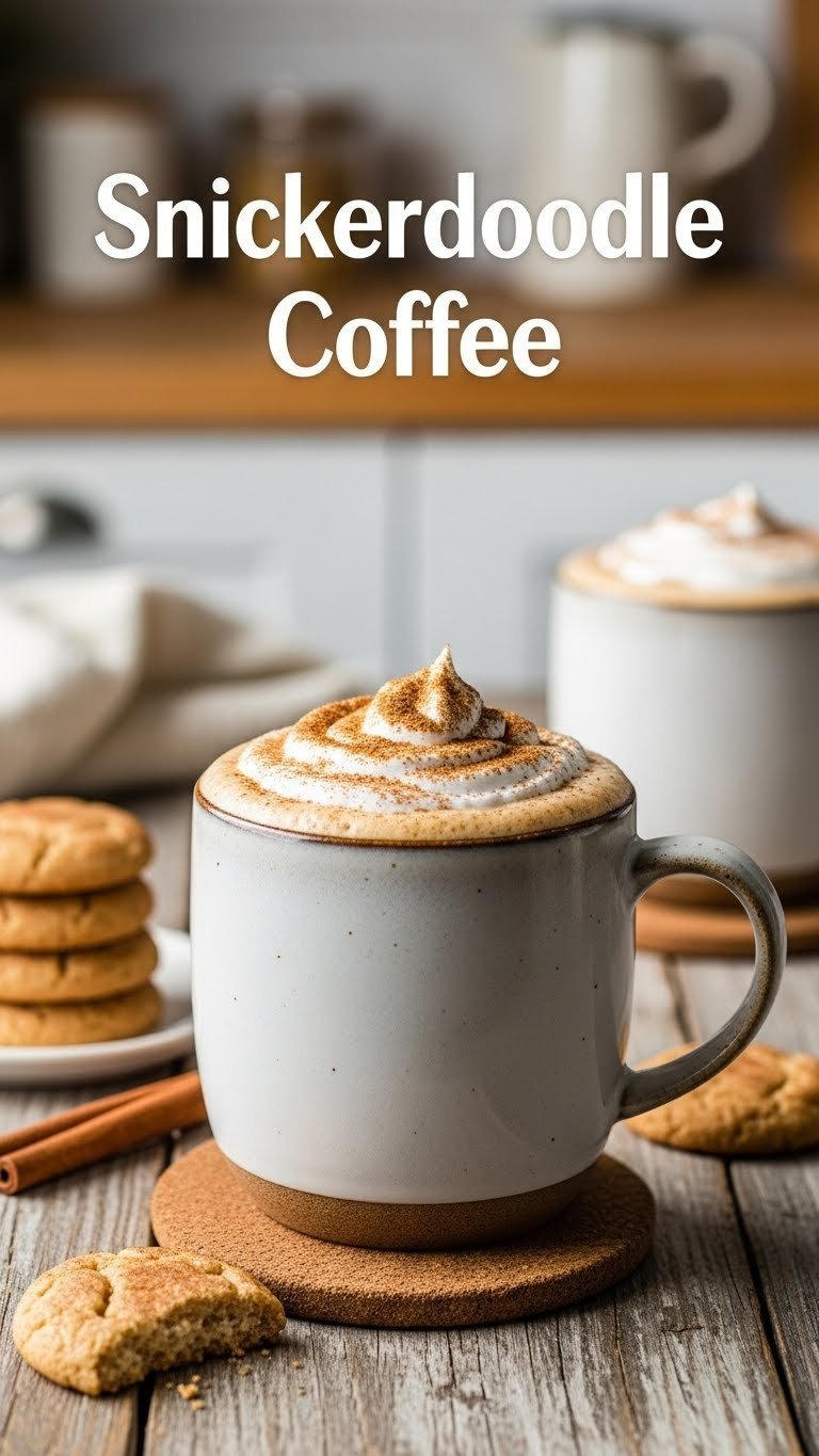 Snickerdoodle coffee in rustic ceramic mug with creamy foam and cinnamon sugar on distressed wooden table