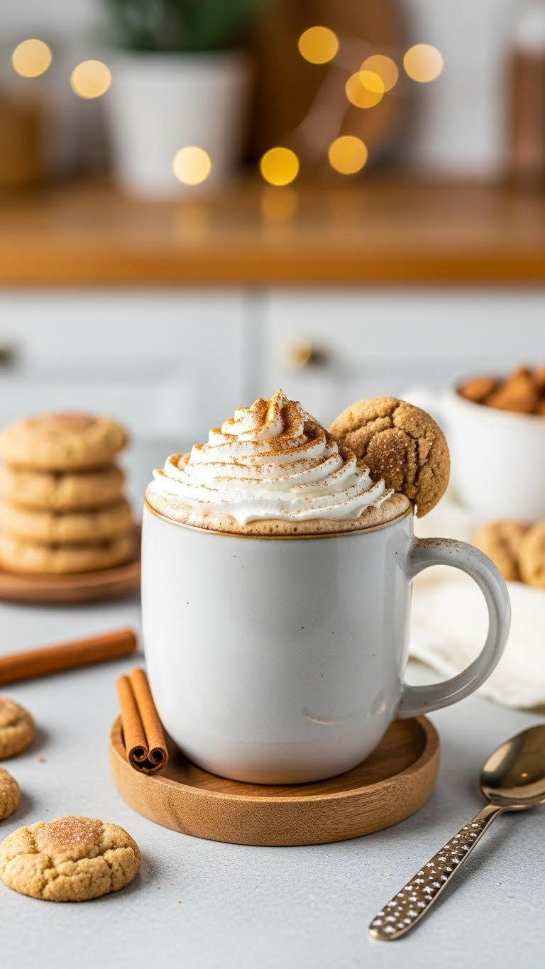 Snickerdoodle coffee with whipped cream, cinnamon sugar, and cookie garnish on ceramic mug with baking backdrop.