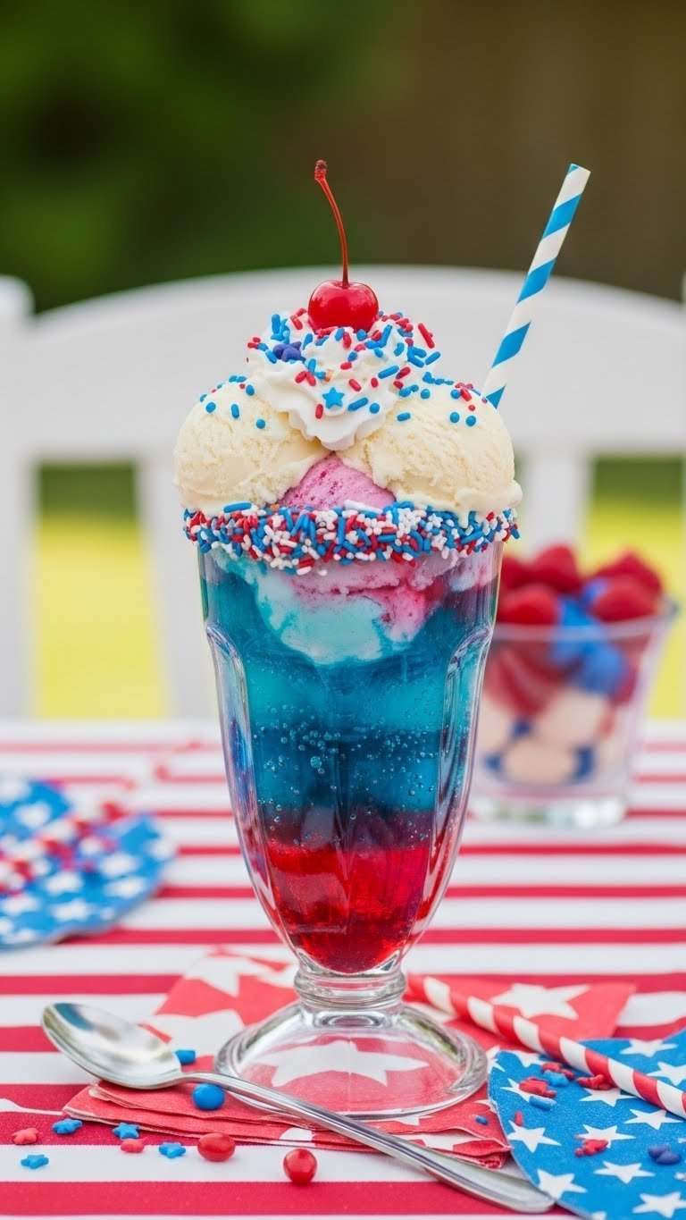 Soda fountain glass with patriotic ice cream float featuring red blue soda and vanilla ice cream toppings