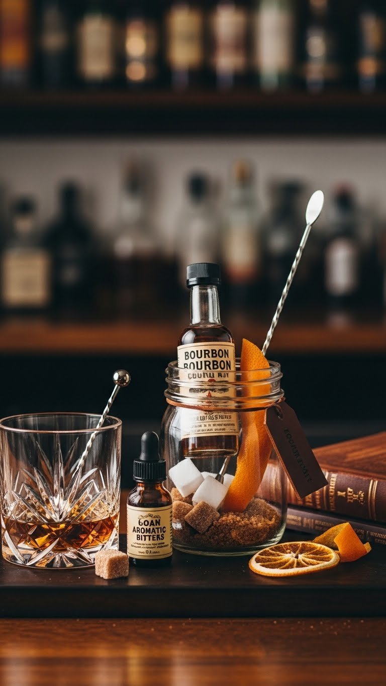 Sophisticated Old Fashioned Bourbon cocktail kit with premium bourbon, bitters, sugar cubes, and orange peel on dark bar top